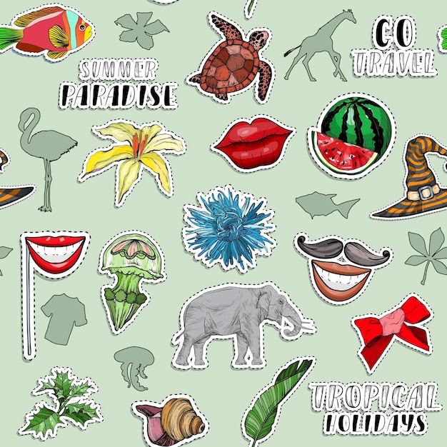 Seamless pattern with Tropical sticker set