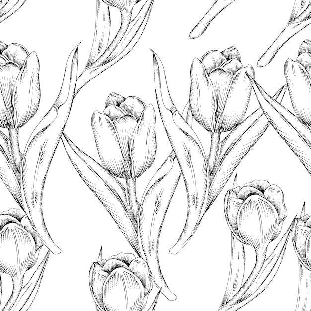 Seamless pattern with Tulip flowers hand drawn sketch vector illustration