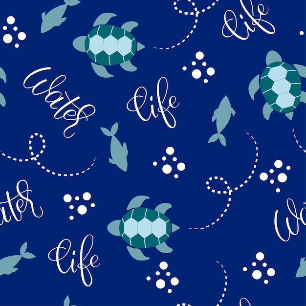 Seamless pattern with turtles fishes and handwritten lettering on a dark blue background