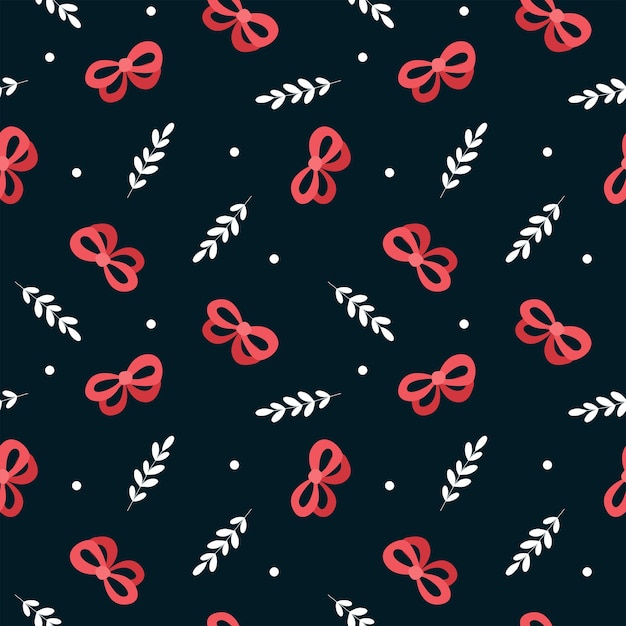 Seamless pattern with twigs and red bows on a dark background. Vector endless texture for holiday decoration