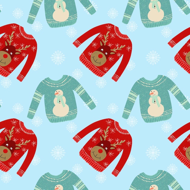 Vector seamless pattern with ugly sweaters illustration on a light blue background with snowflakes