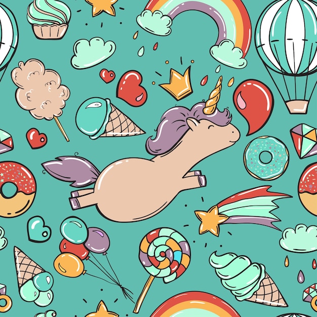 Seamless pattern with unicorn and sweets