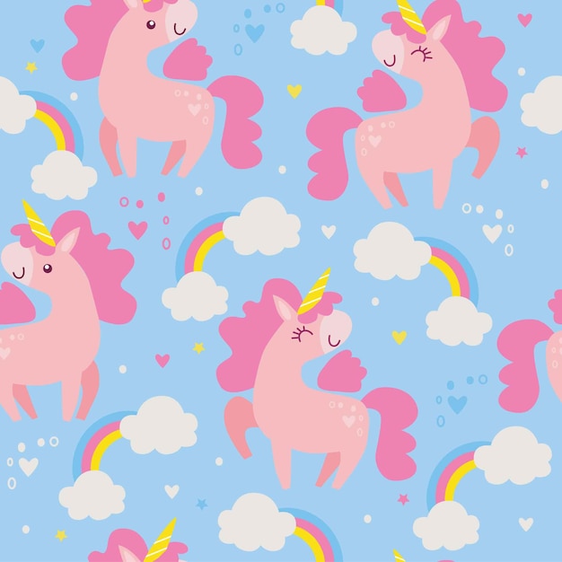 Seamless pattern with unicorns and rainbows on blue background