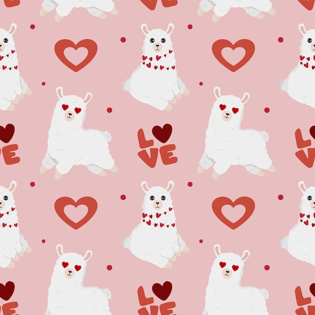 Seamless pattern with ute alpaca and hearts on pink background Cute llama