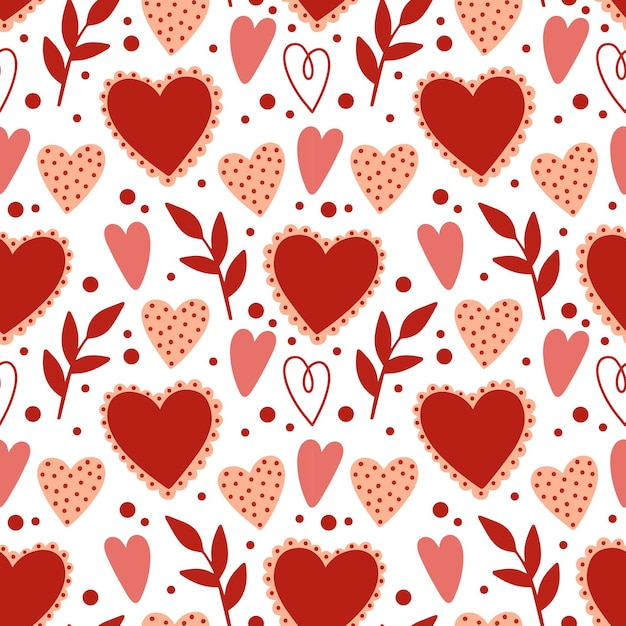 Seamless pattern with valentine hearts, vector red background, doodle hearts. Valentines day