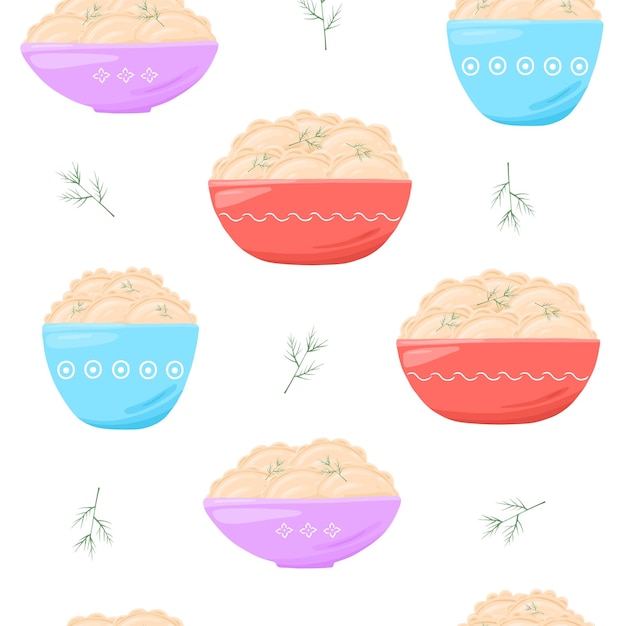 Vector seamless pattern with varenyky dumpling pierogi in plate