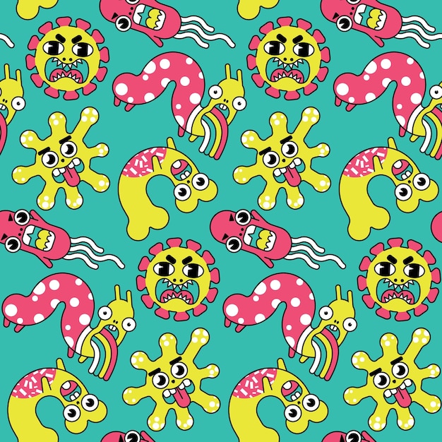 Seamless pattern with various cartoon bacteria Funny background with microorganisms in a limited palette Vector illustration