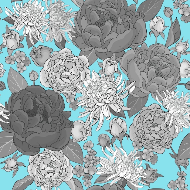 Seamless pattern with various flowers and peonies monochrome flowers on a blue background