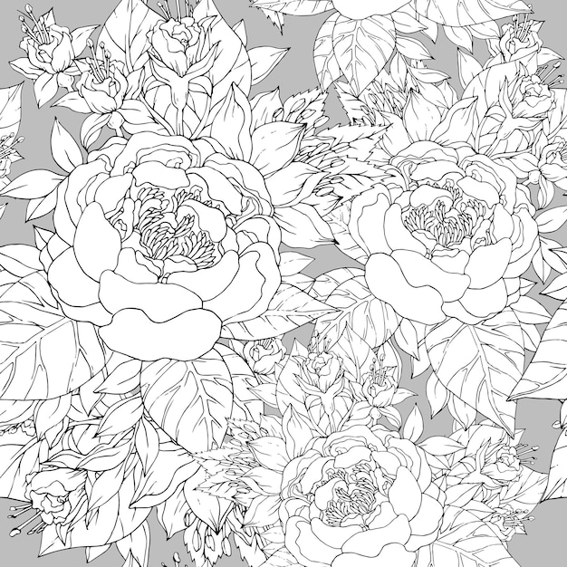 Seamless pattern with various flowers and peonies summer monochrome flowers