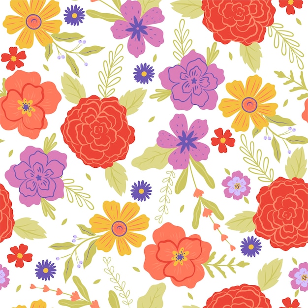 Seamless pattern with various flowers on a white background Vector graphics