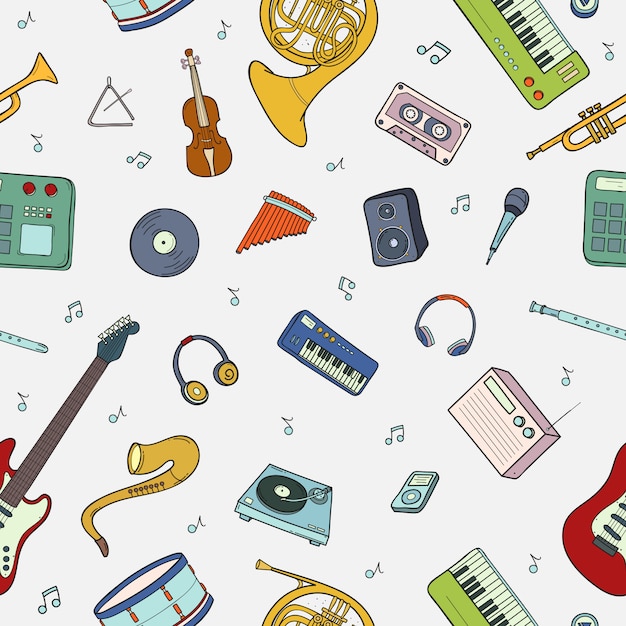 Seamless pattern with various musical instruments, symbols, objects and elements.