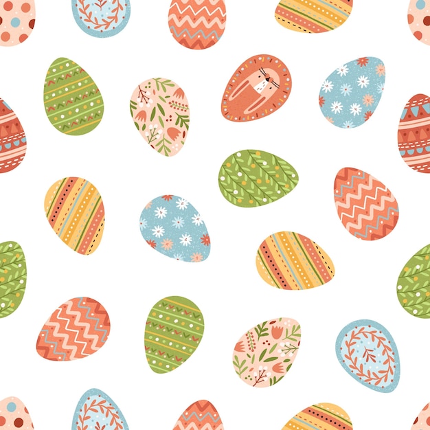 Seamless pattern with various painted Easter eggs on white background Repeatable spring festive texture Endless backdrop for printing Handdrawn colored flat vector illustration