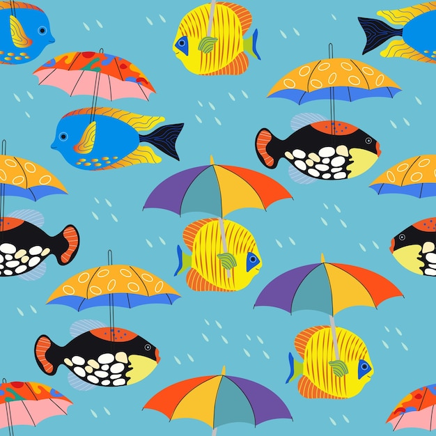 Seamless pattern with various sea fish and colorful umbrellas on a blue background A fish with an