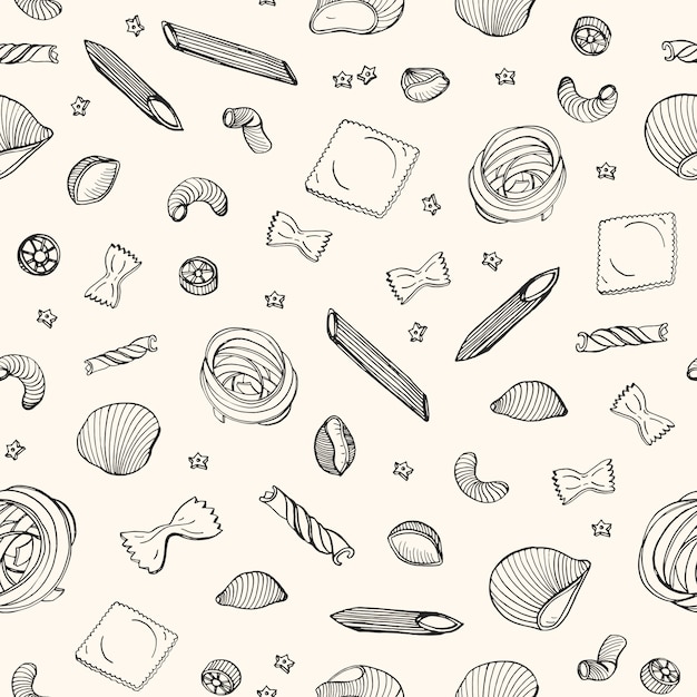 Seamless pattern with various types of raw pasta hand drawn with black contour lines