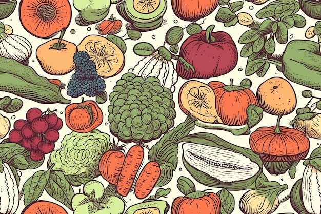 Seamless pattern with various whole and sliced fruits berries vegetables Summer vector background