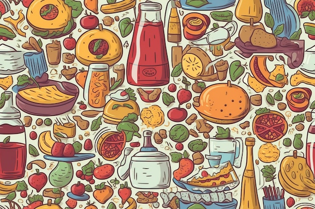 Seamless pattern with various whole and sliced fruits berries vegetables Summer vector background