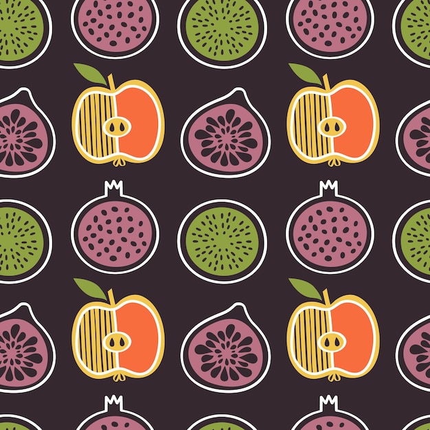 Seamless pattern with vector fresh fruits in graphic flat style.Healthy nutrition concept.