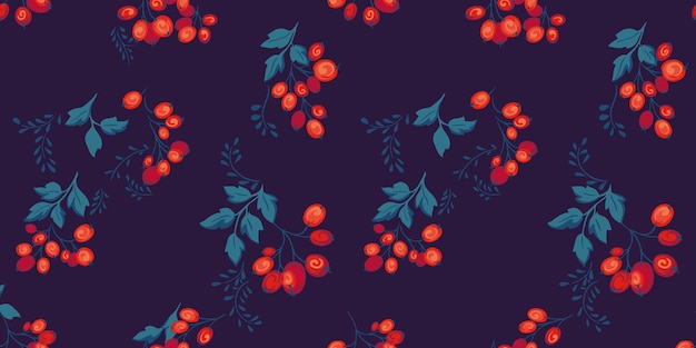 Vector seamless pattern with vector hand drawn abstract berries juniper boxwood viburnum holly barberry