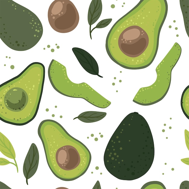 Seamless pattern with vegetables Bright avocados of different colors and sizes pieces and leaves