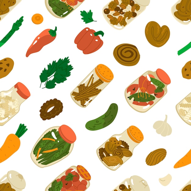 Seamless pattern with vegetables cookies canned food pasta and nuts Pickled cucumbers and tomatoes Background for home paper and textile Flat style in vector illustration Isolated element