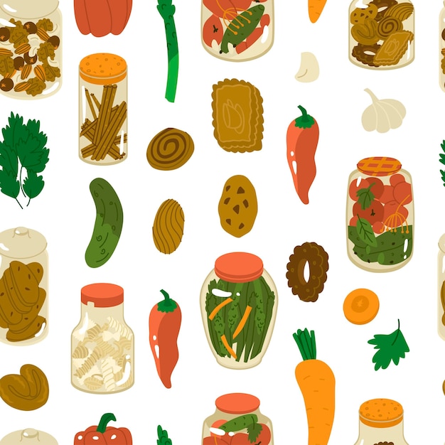 Seamless pattern with vegetables cookies canned food pasta and nuts Pickled cucumbers and tomatoes Background for home paper and textile Flat style in vector illustration Isolated element