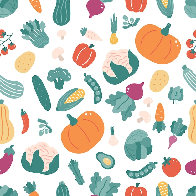 Seamless pattern with vegetables Hand drawn doodle food.