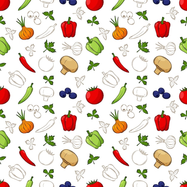 Seamless pattern with vegetables in a linear, hand-drawn style.A combination of colored and outlined