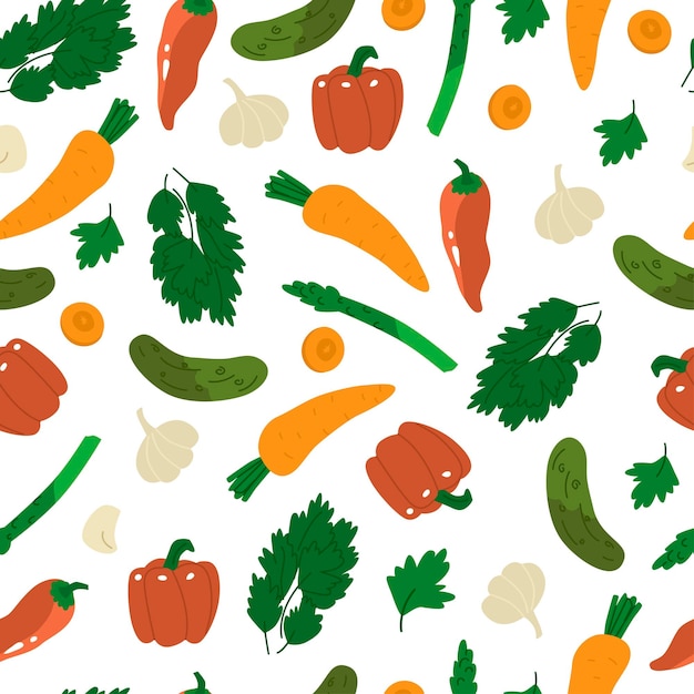 Seamless pattern with vegetables Pepper carrot cucumber garlic celery parsley Background for home paper and textile Flat style in vector illustration Isolated element