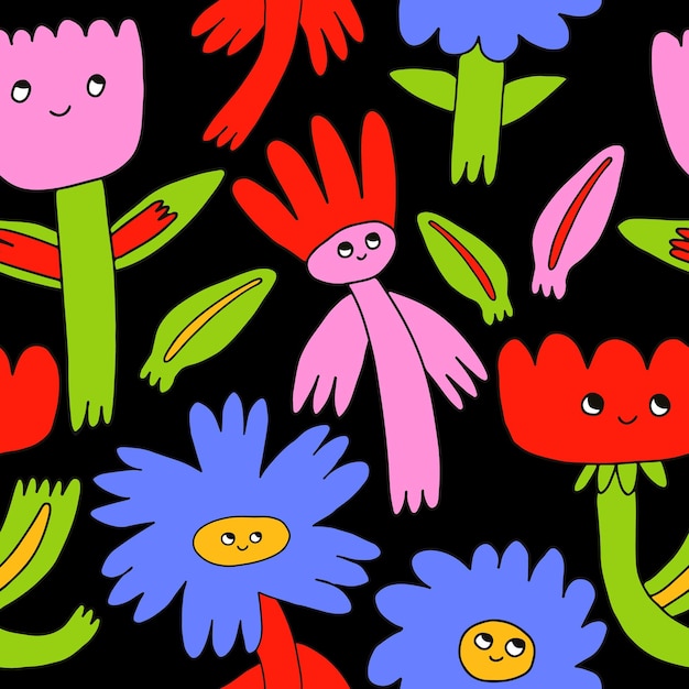 seamless pattern with vintagepsychedelic funky flowers