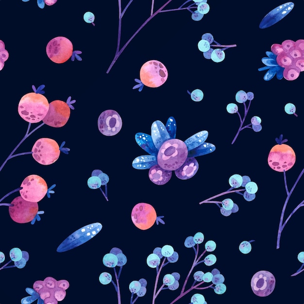 Seamless pattern with watercolor blue violet and pink berries and leaves