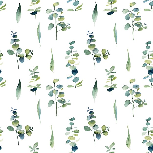 Vector seamless pattern with watercolor eucalyptus branches and green leaves