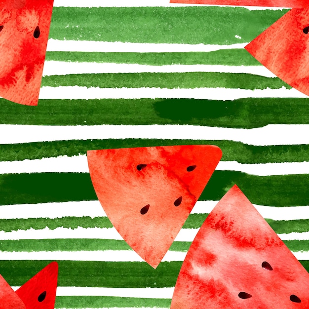 Seamless pattern with watercolor illustration watermelon slices on green stripes background