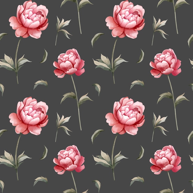 Vector seamless pattern with watercolor peonies on dark background watercolor botanical vector background