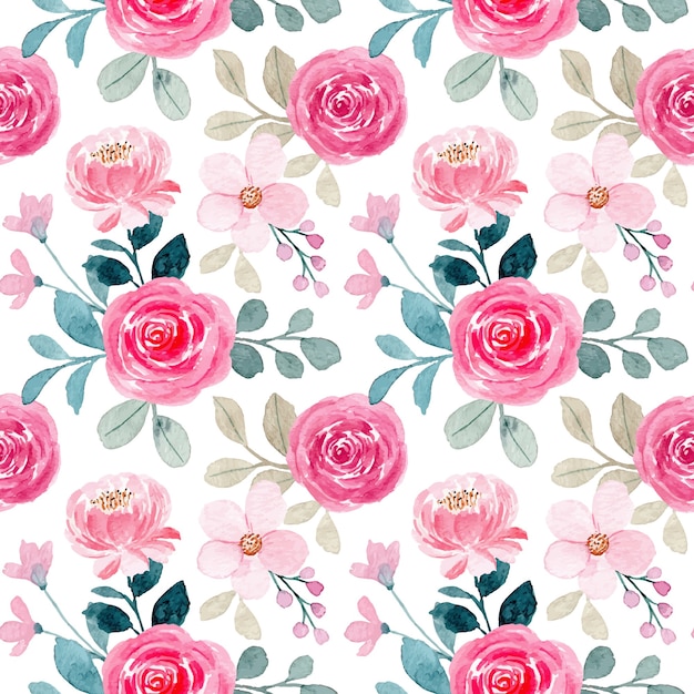 Seamless pattern with watercolor pink rose flower