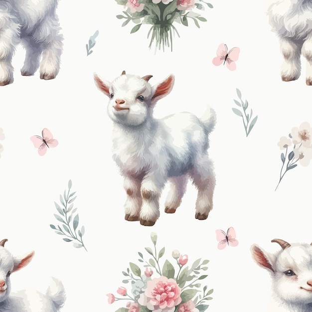 Seamless pattern with watercolor white baby goat on white background