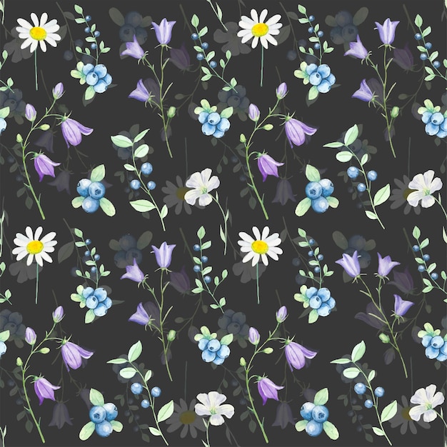 Vector seamless pattern with watercolor wild berries blueberries and meadow flowers