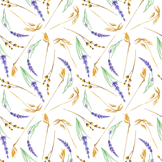 Vector seamless pattern with watercolor yellow dry wildflowers and lavender flowers