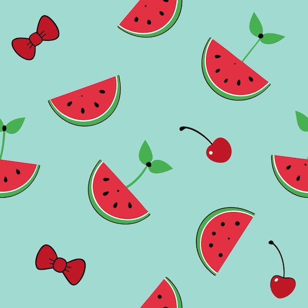 Seamless pattern with watermelon slices cherries and bows on a blue background