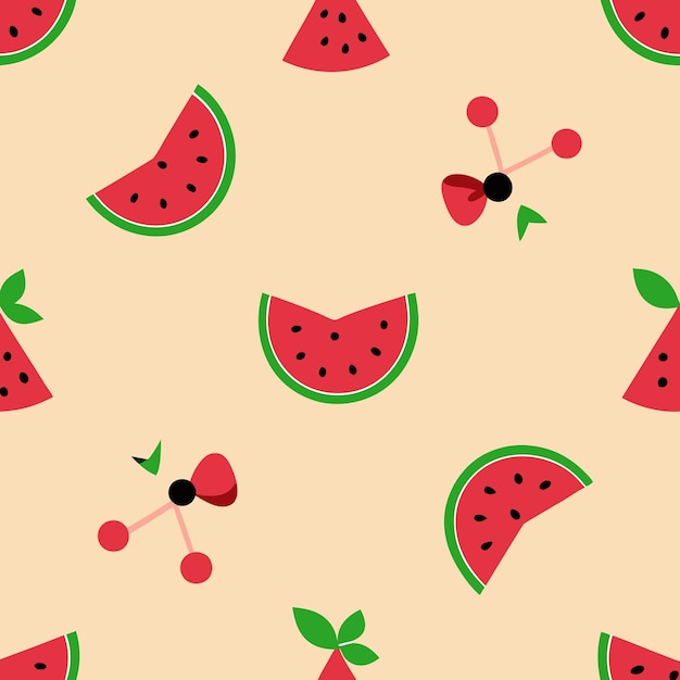 Seamless pattern with watermelon slices and cherries on a light yellow background