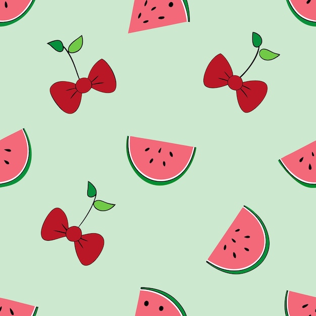 Seamless pattern with watermelon slices and cherries with red bows on a mint green background