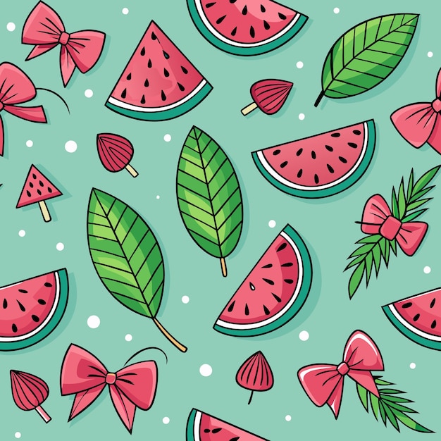 Seamless pattern with watermelon slices green leaves bows and dots on turquoise background