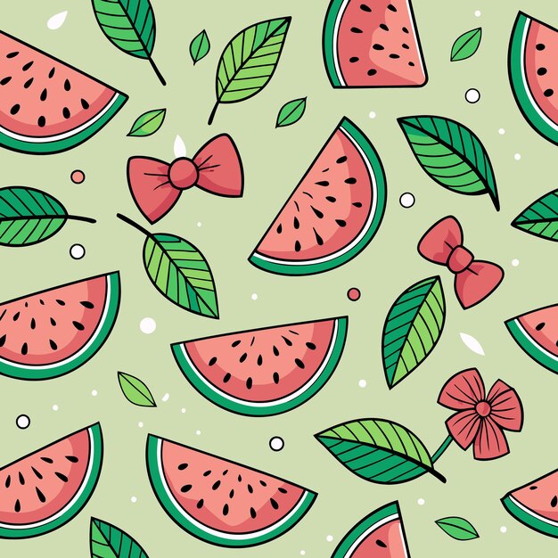 Seamless pattern with watermelon slices leaves bows and flowers on a green background