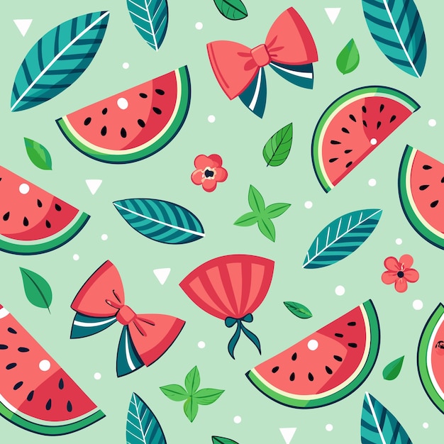 Vector seamless pattern with watermelon slices leaves bows and flowers on a mint green background