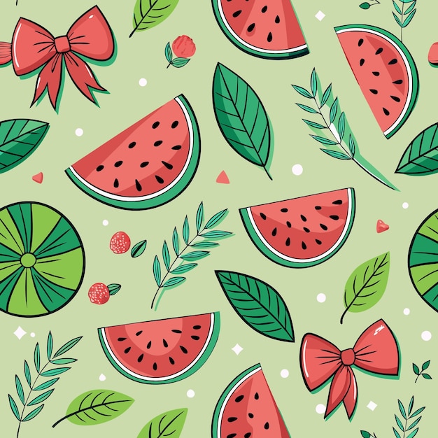 Seamless pattern with watermelon slices leaves and bows on a green background