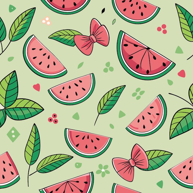 Vector seamless pattern with watermelon slices leaves and bows on a green background