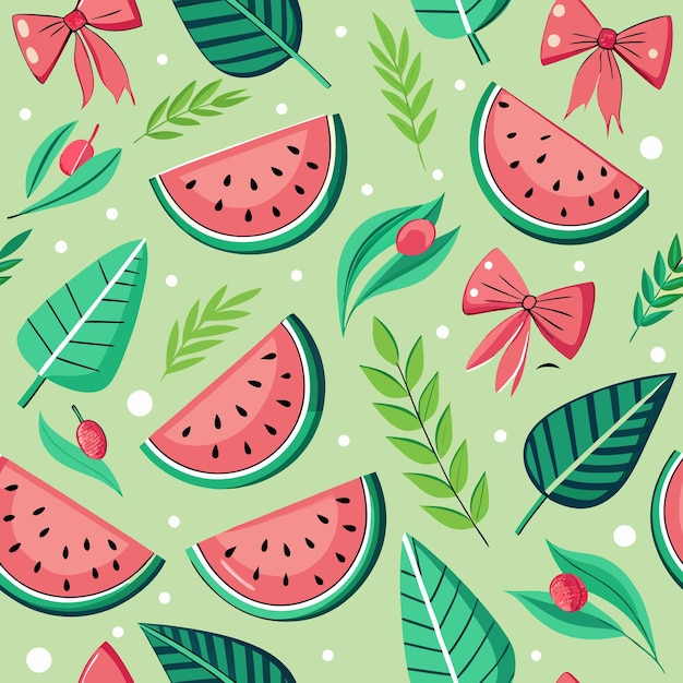 Seamless pattern with watermelon slices leaves and bows on a green background