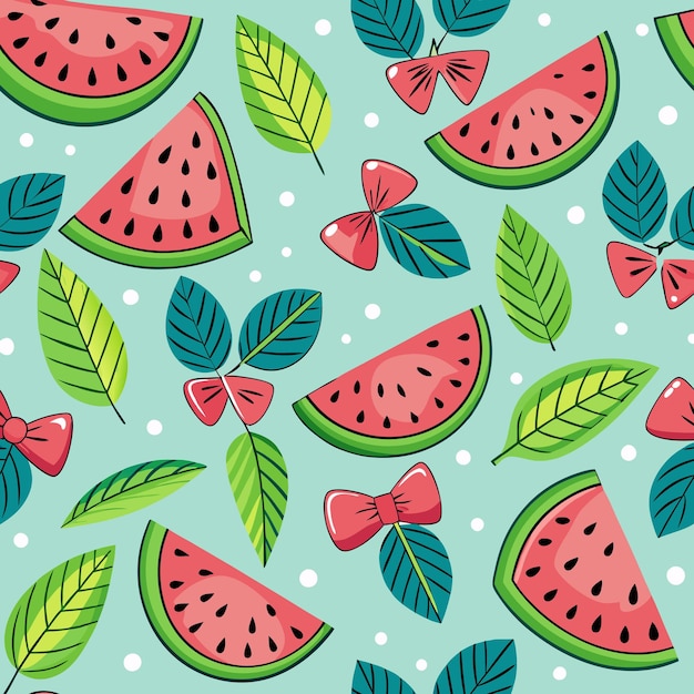 Seamless pattern with watermelon slices leaves and bows on a turquoise background with white dots