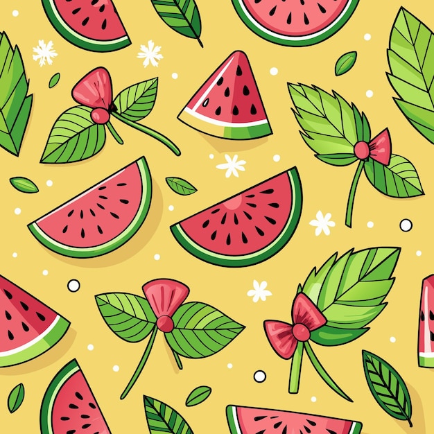 Seamless pattern with watermelon slices mint leaves and flowers on a yellow background