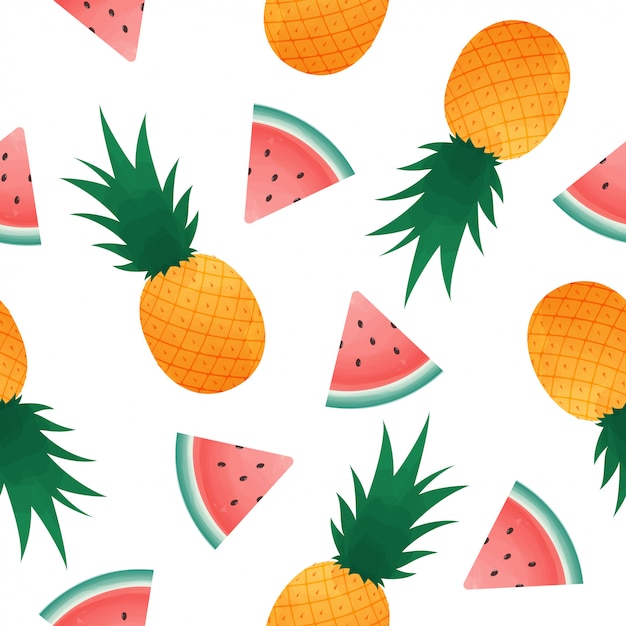 Seamless pattern with watermelon slices and pineapple. 