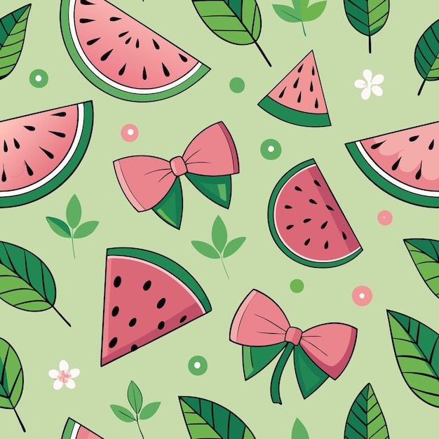 A seamless pattern with watermelon slices pink bows green leaves and white flowers on a light green background